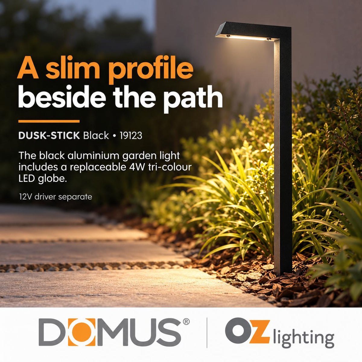 Domus DUSK-STICK 4W 12V DC LED Tri-Colour G4 Replaceable Outdoor Stick Post - Spike Path Light IP54 - DRIVER REQUIRED-Domus Lighting-Ozlighting.com.au
