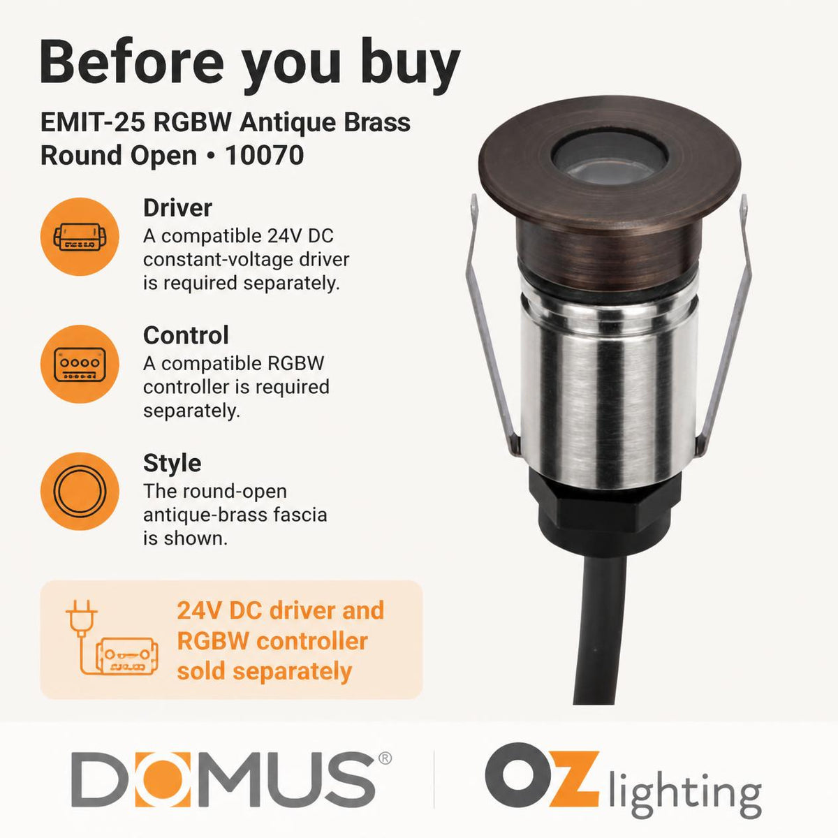 Domus EMIT-25-RGBW-AB RGBW Step & Inground Light - 25mm Antique Brass - DRIVER REQUIRED-Domus Lighting-Ozlighting.com.au