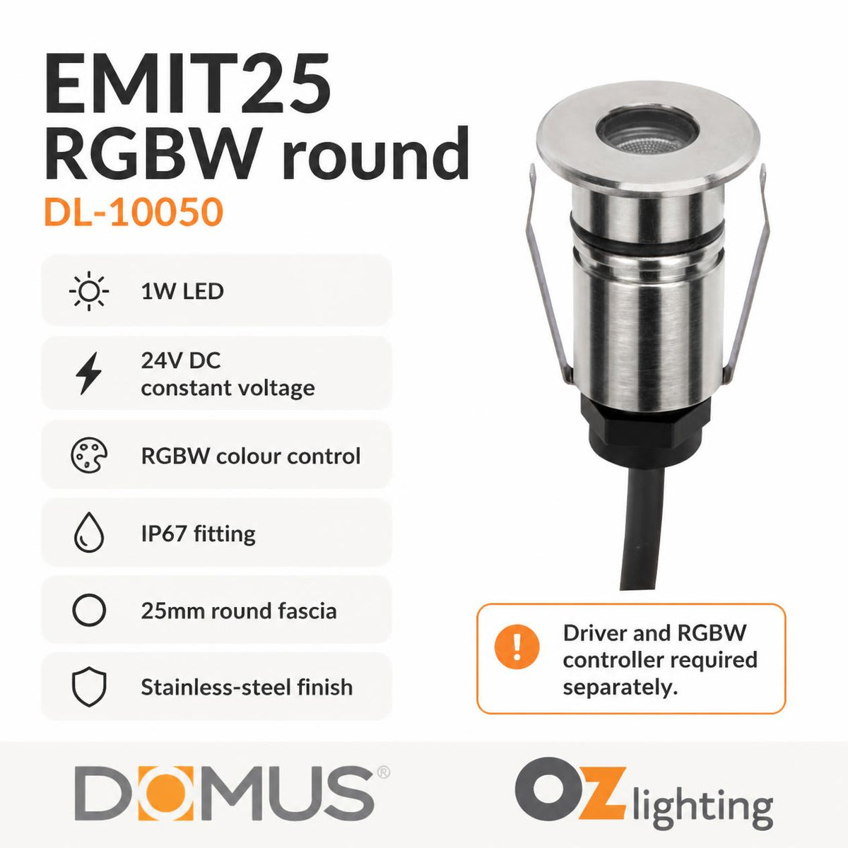 Domus EMIT-25-RGBW-STS LED Inground Light - 1W, 24V DC, 25mm, RGBW, IP67, Recessed, Stainless Steel - DRIVER REQUIRED-Domus Lighting-Ozlighting.com.au