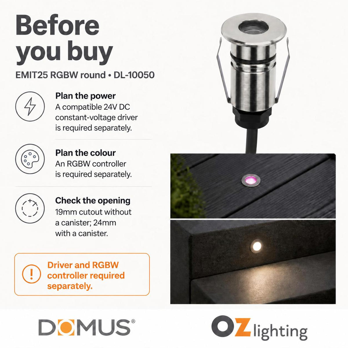 Domus EMIT-25-RGBW-STS LED Inground Light - 1W, 24V DC, 25mm, RGBW, IP67, Recessed, Stainless Steel - DRIVER REQUIRED-Domus Lighting-Ozlighting.com.au