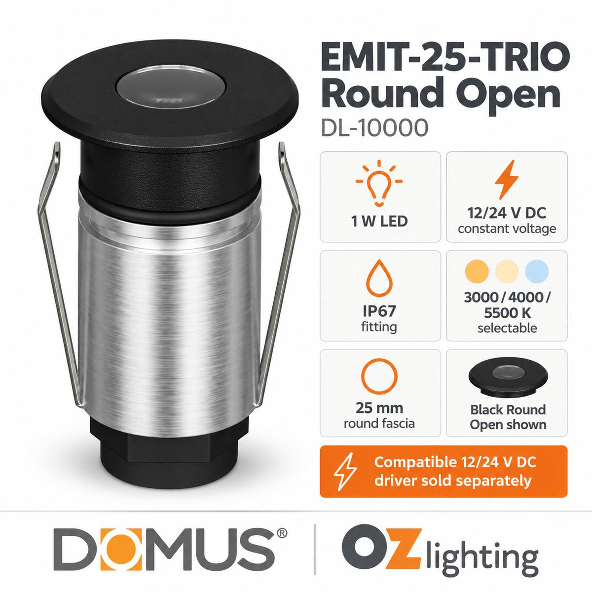 Domus EMIT-25-TRIO-BLK LED Inground Light - 1W, 12/24V DC, Tri-Colour, IP67, Recessed, 25mm, Black - DRIVER REQUIRED-Domus Lighting-Ozlighting.com.au