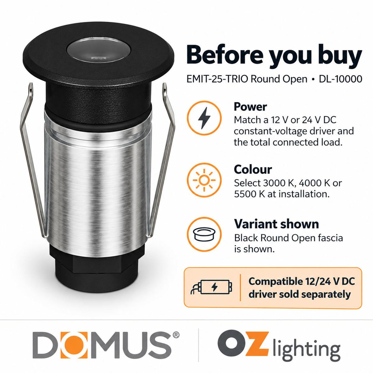 Domus EMIT-25-TRIO-BLK LED Inground Light - 1W, 12/24V DC, Tri-Colour, IP67, Recessed, 25mm, Black - DRIVER REQUIRED-Domus Lighting-Ozlighting.com.au