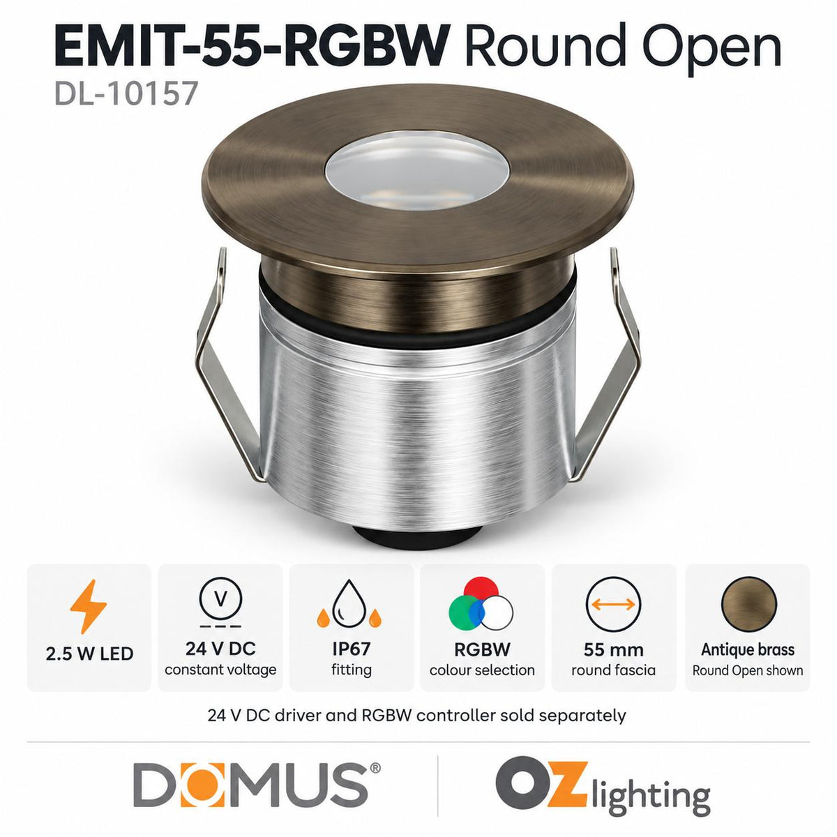 Domus EMIT-55-RGBW-AB LED Inground Light - 2.5W, 24V DC, RGBW, IP67, Recessed, 55mm, Antique Brass - DRIVER REQUIRED-Domus Lighting-Ozlighting.com.au