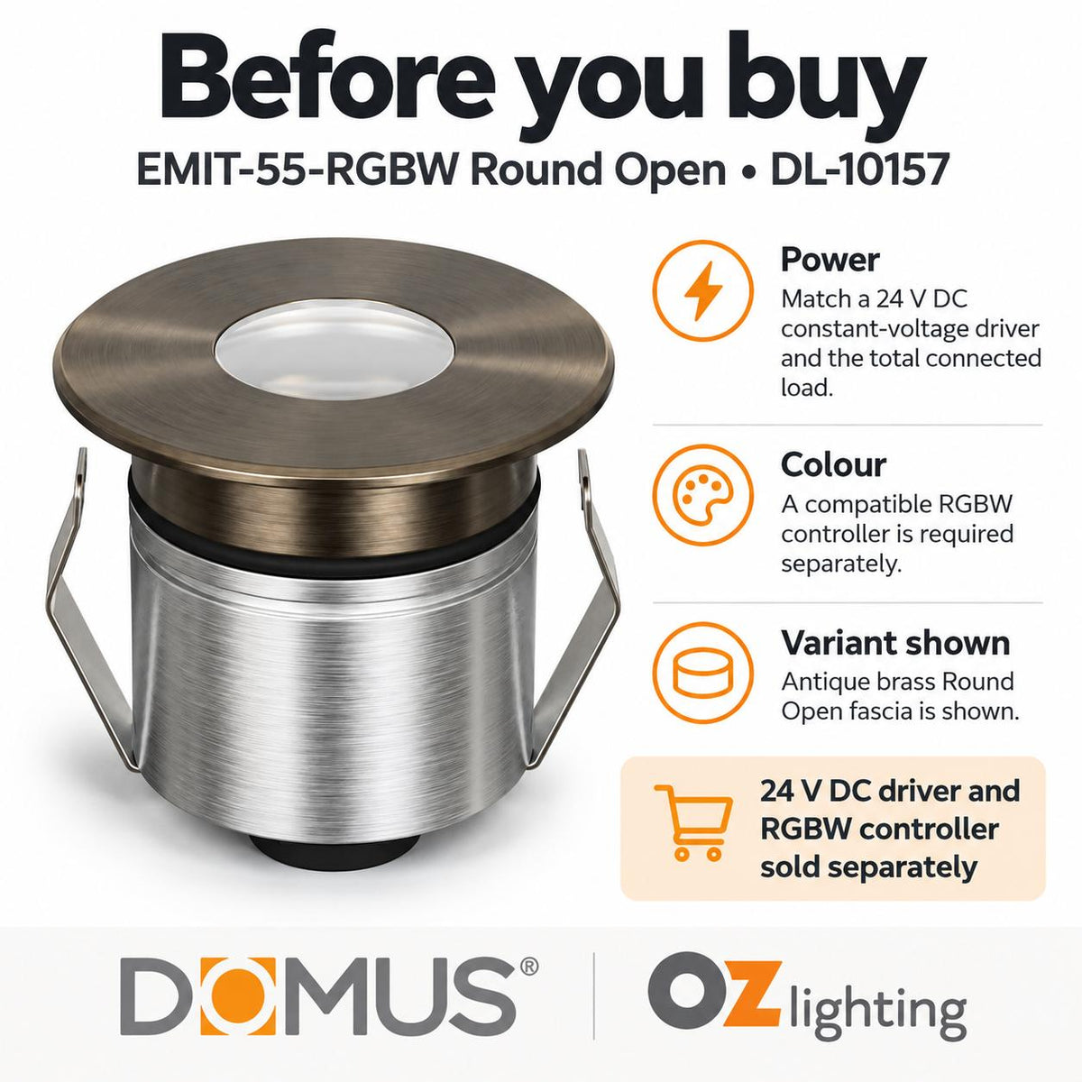 Domus EMIT-55-RGBW-AB LED Inground Light - 2.5W, 24V DC, RGBW, IP67, Recessed, 55mm, Antique Brass - DRIVER REQUIRED-Domus Lighting-Ozlighting.com.au