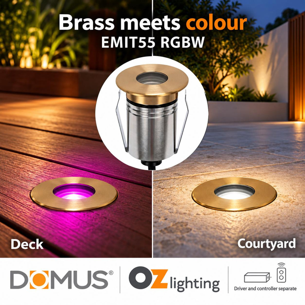 Domus EMIT-55-RGBW-BRS LED Inground Light - 2.5W, 24V DC, RGBW, IP67, Recessed, 55mm, Brass - DRIVER REQUIRED-Domus Lighting-Ozlighting.com.au