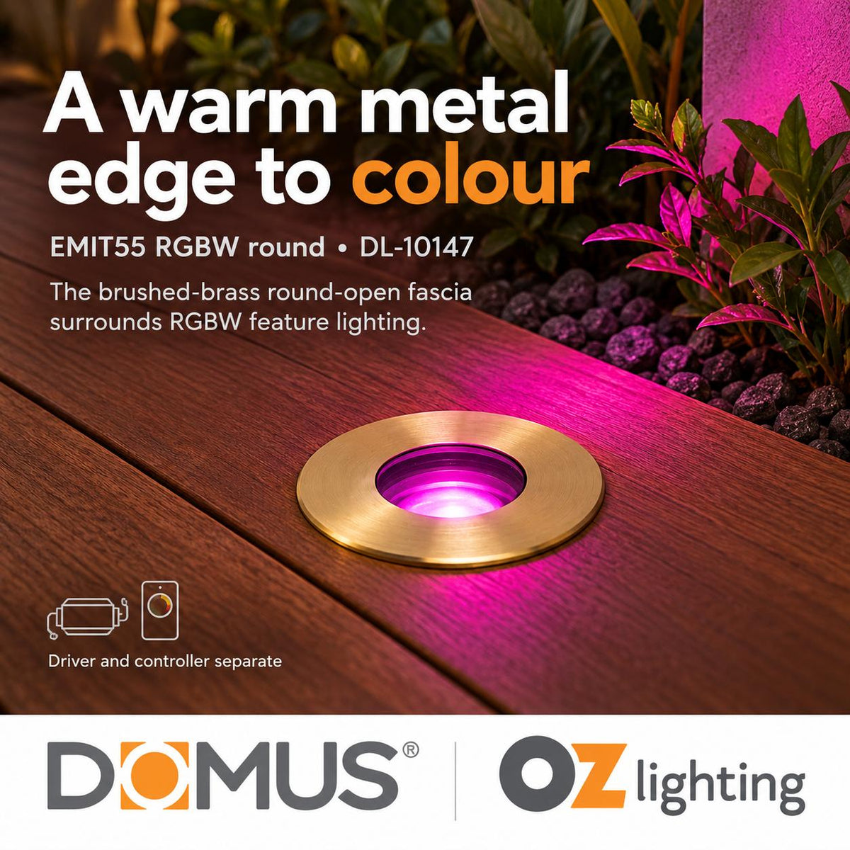 Domus EMIT-55-RGBW-BRS LED Inground Light - 2.5W, 24V DC, RGBW, IP67, Recessed, 55mm, Brass - DRIVER REQUIRED-Domus Lighting-Ozlighting.com.au
