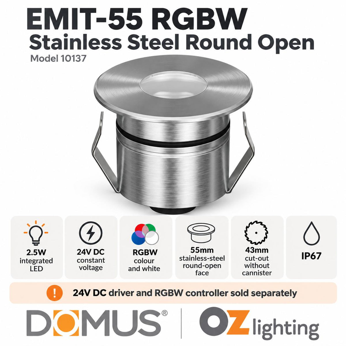 Domus EMIT-55-RGBW-STS LED Inground Light - 2.5W, 24V DC, 55mm, RGBW, IP67, Recessed, Stainless Steel - DRIVER REQUIRED-Domus Lighting-Ozlighting.com.au