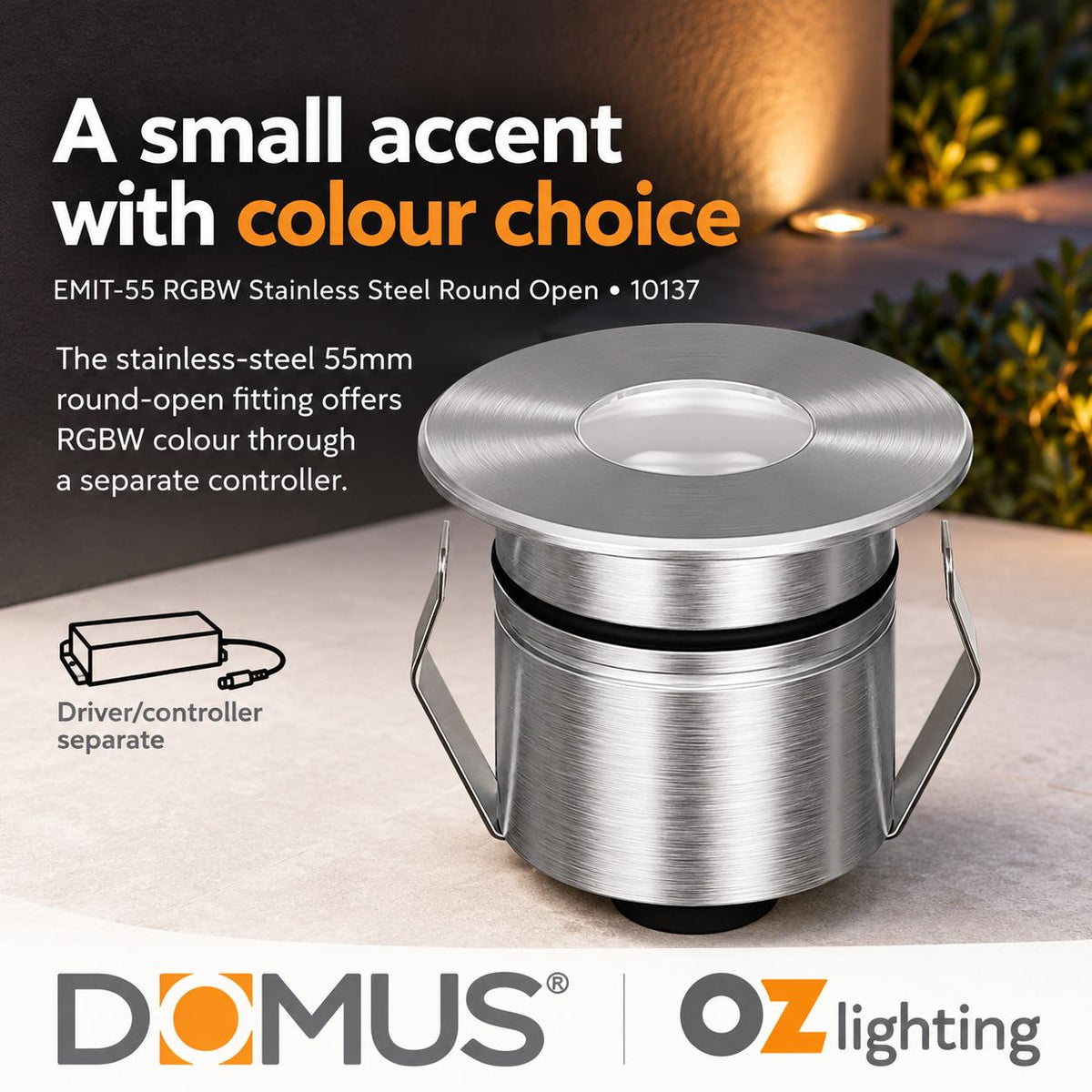Domus EMIT-55-RGBW-STS LED Inground Light - 2.5W, 24V DC, 55mm, RGBW, IP67, Recessed, Stainless Steel - DRIVER REQUIRED-Domus Lighting-Ozlighting.com.au