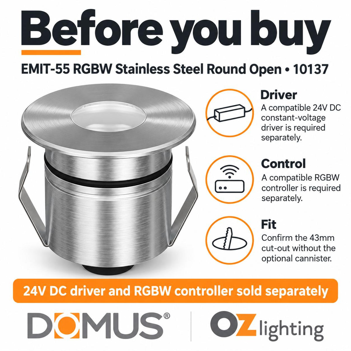 Domus EMIT-55-RGBW-STS LED Inground Light - 2.5W, 24V DC, 55mm, RGBW, IP67, Recessed, Stainless Steel - DRIVER REQUIRED-Domus Lighting-Ozlighting.com.au