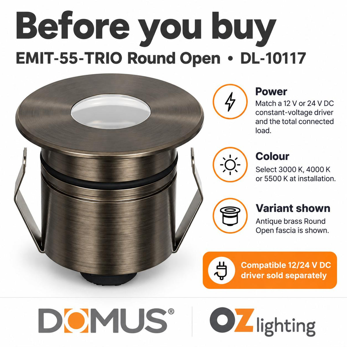 Domus EMIT-55-TRIO-AB LED Inground Light - 2.5W, 12/24V DC, Tri-Colour, IP67, Recessed, 55mm, Antique Brass - DRIVER REQUIRED-Domus Lighting-Ozlighting.com.au