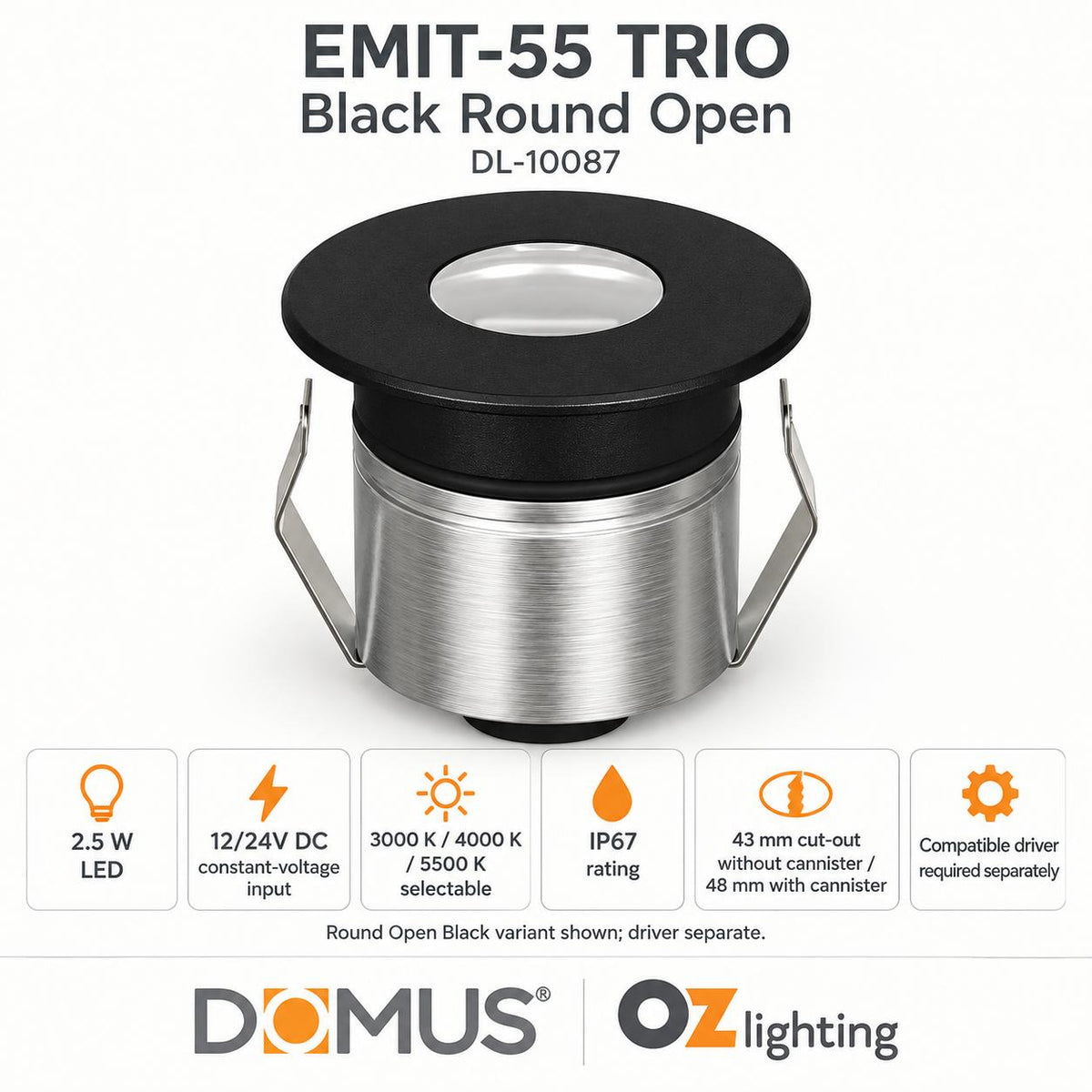 Domus EMIT-55-TRIO-BLK LED Inground Light - 2.5W, 12/24V DC, Tri-Colour, IP67, Recessed, 55mm, Black - DRIVER REQUIRED-Domus Lighting-Ozlighting.com.au