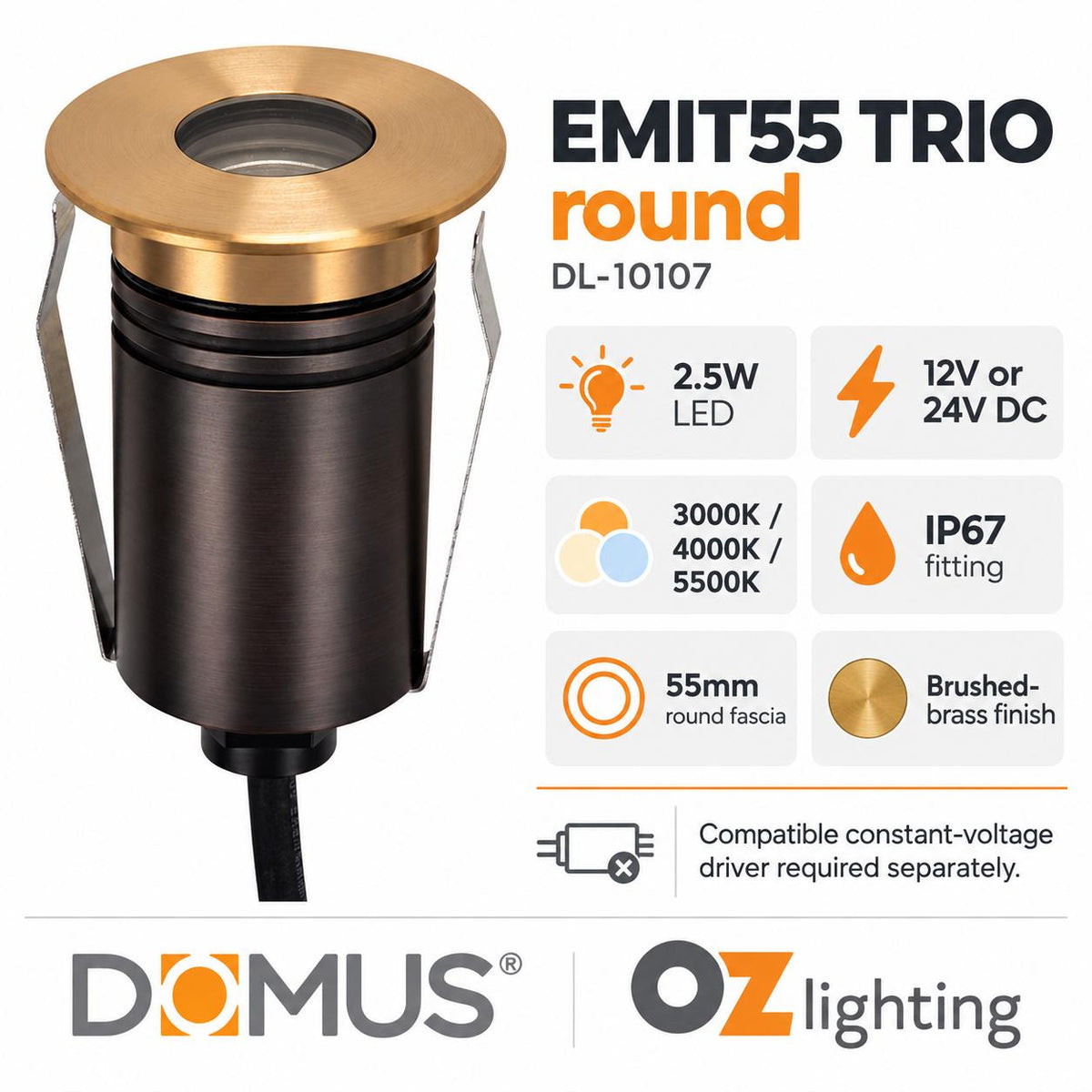 Domus EMIT-55-TRIO-BRS LED Inground Light - 2.5W, 12/24V DC, Tri-Colour, IP67, Recessed, 55mm, Brass - DRIVER REQUIRED-Domus Lighting-Ozlighting.com.au