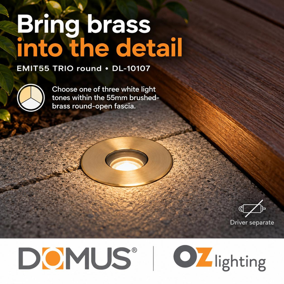 Domus EMIT-55-TRIO-BRS LED Inground Light - 2.5W, 12/24V DC, Tri-Colour, IP67, Recessed, 55mm, Brass - DRIVER REQUIRED-Domus Lighting-Ozlighting.com.au