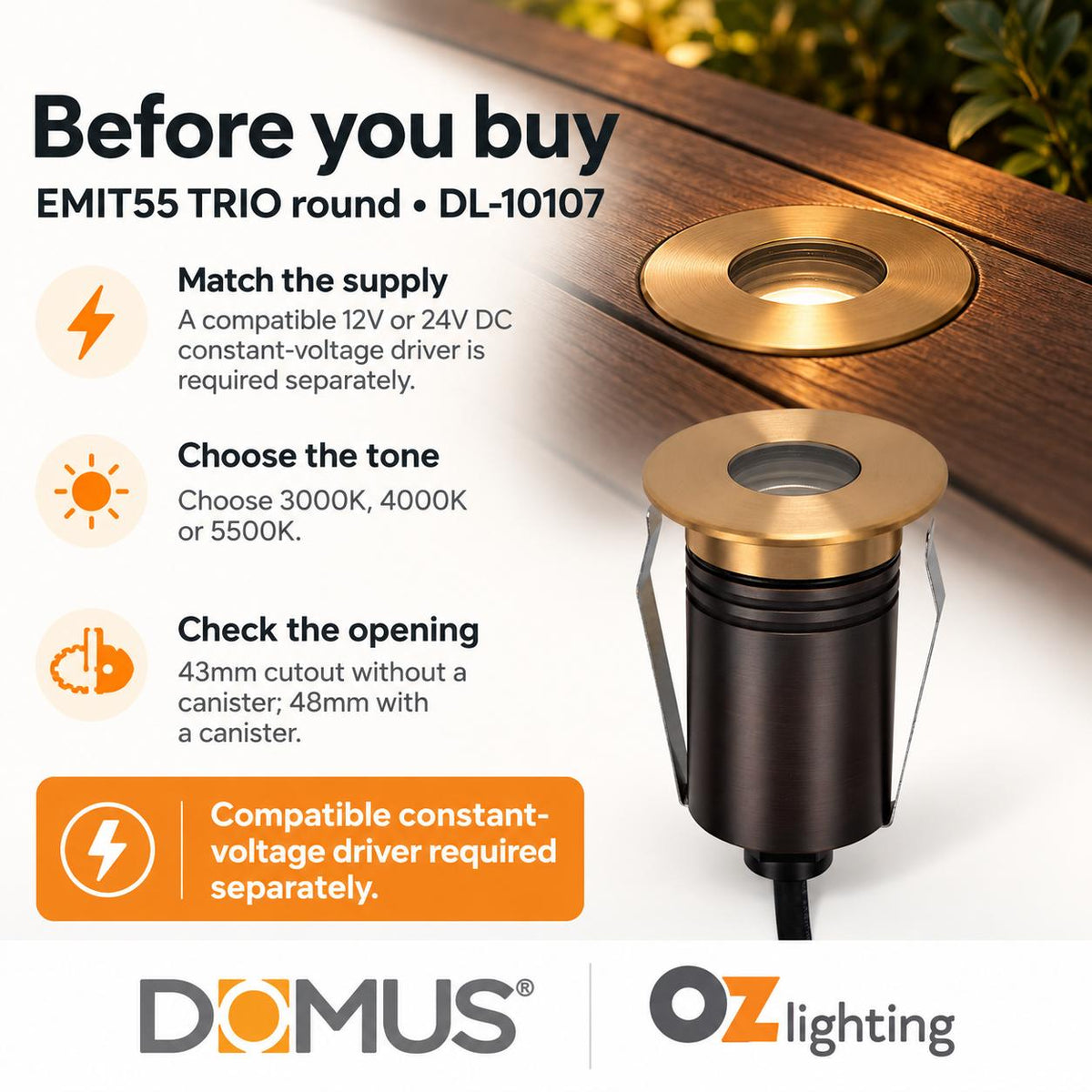 Domus EMIT-55-TRIO-BRS LED Inground Light - 2.5W, 12/24V DC, Tri-Colour, IP67, Recessed, 55mm, Brass - DRIVER REQUIRED-Domus Lighting-Ozlighting.com.au