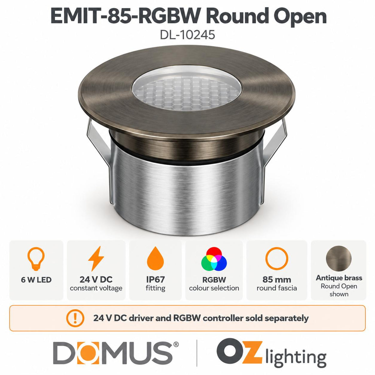 Domus EMIT-85-RGBW-AB LED Inground Light - 6W, 24V DC, RGBW, IP67, Recessed, Antique Brass - DRIVER REQUIRED-Domus Lighting-Ozlighting.com.au