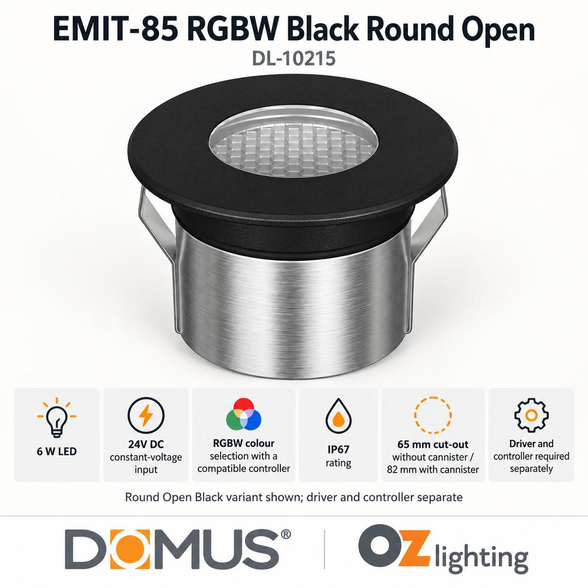 Domus EMIT-85-RGBW-BLK LED Inground Light - 6W, 24V DC, RGBW, IP67, Recessed, Black - DRIVER REQUIRED-Domus Lighting-Ozlighting.com.au
