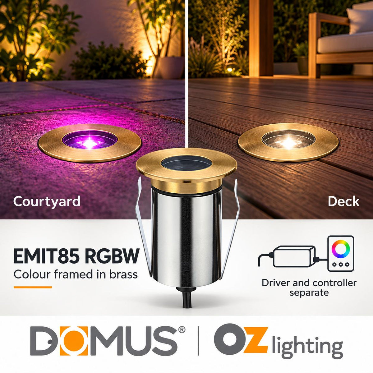Domus EMIT-85-RGBW-BRS LED Inground Light - 6W, 24V DC, RGBW, IP67, Recessed, Brass - DRIVER REQUIRED-Domus Lighting-Ozlighting.com.au
