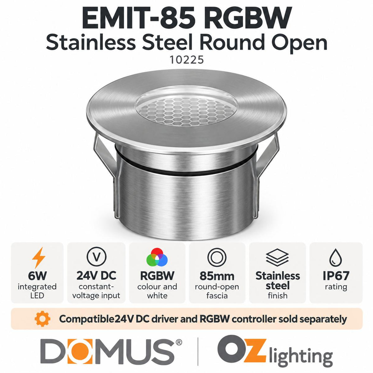 Domus EMIT-85-RGBW-STS LED Inground Light - 6W, 24V DC, RGBW, IP67, Recessed, Stainless Steel - DRIVER REQUIRED-Domus Lighting-Ozlighting.com.au