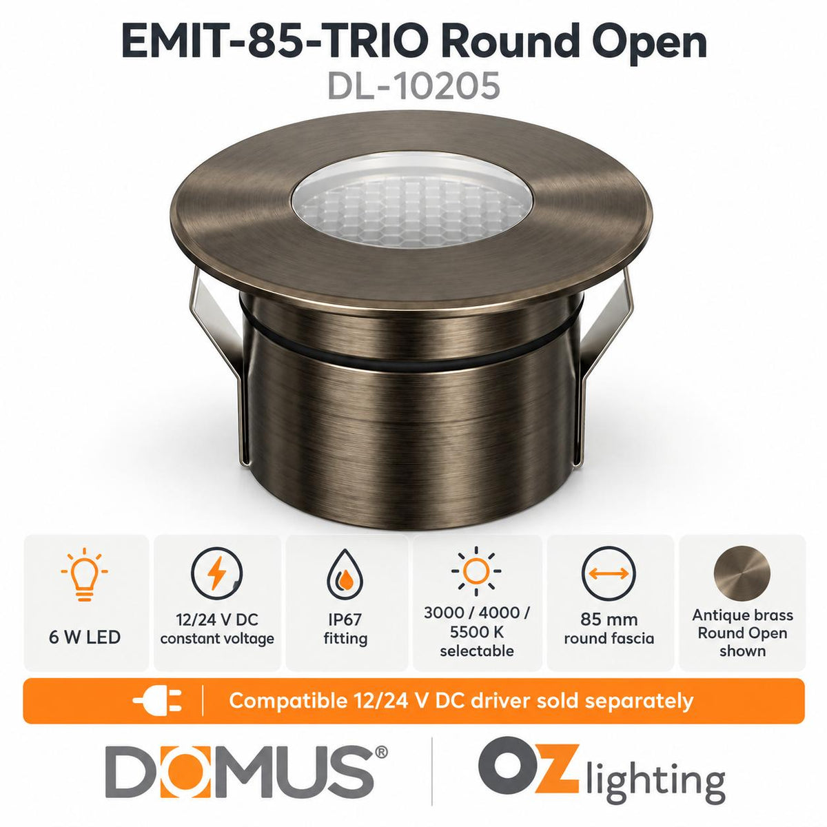 Domus EMIT-85-TRIO-AB LED Inground Light - 6W, 24V DC, Tri-Colour, IP67, Recessed, Antique Brass - DRIVER REQUIRED-Domus Lighting-Ozlighting.com.au
