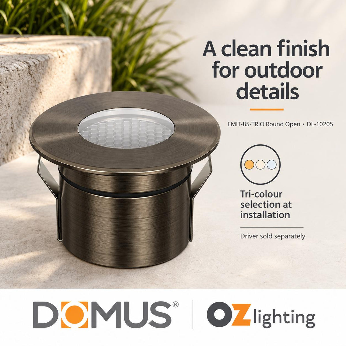 Domus EMIT-85-TRIO-AB LED Inground Light - 6W, 24V DC, Tri-Colour, IP67, Recessed, Antique Brass - DRIVER REQUIRED-Domus Lighting-Ozlighting.com.au