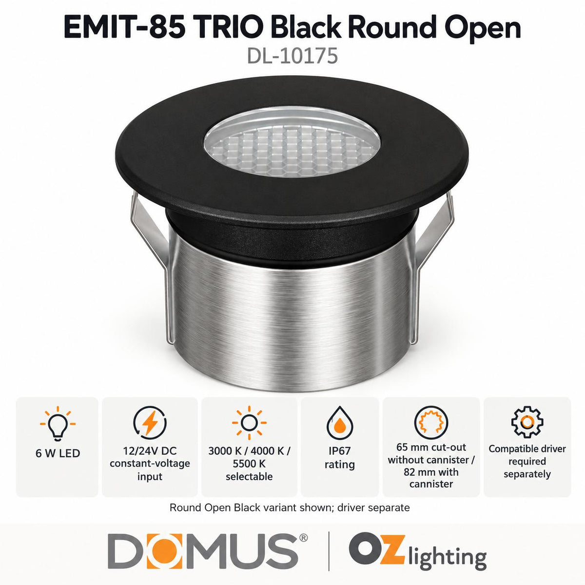 Domus EMIT-85-TRIO-BLK LED Inground Light - 6W, 24V DC, Tri-Colour, IP67, Recessed, Black - DRIVER REQUIRED-Domus Lighting-Ozlighting.com.au