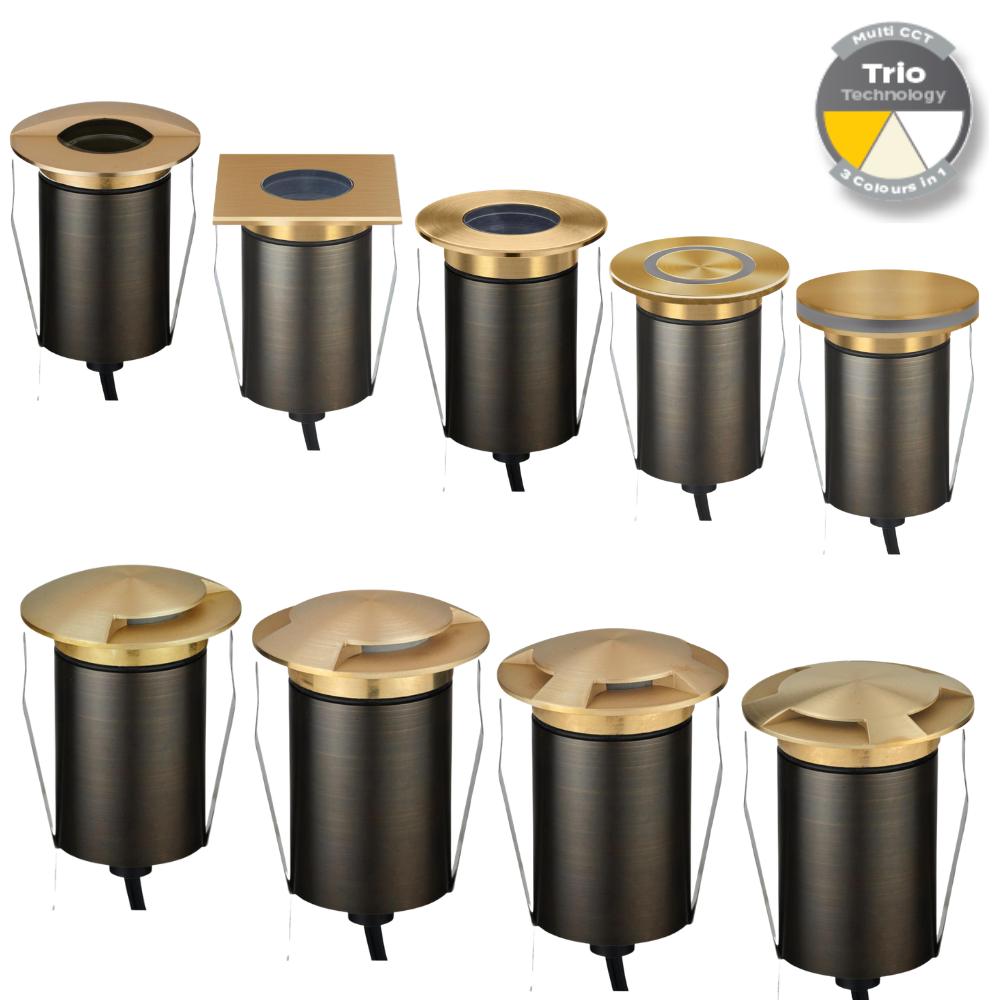 Domus EMIT-85-TRIO-BRS- 6W LED 24V DC Tri-Colour Recessed Inground Light IP67 Brushed Brass - DRIVER REQUIRED-Domus Lighting-Ozlighting.com.au