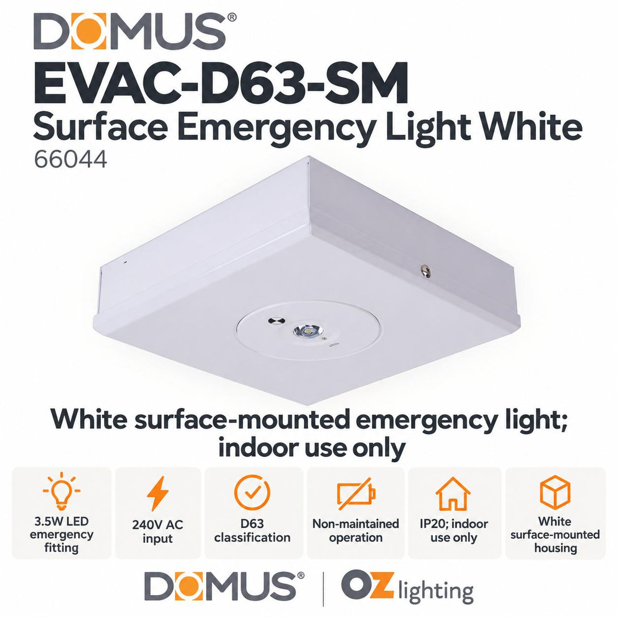 Domus EVAC-D63-SM 3.5W LED D63 Non-maintained Surface Mounted Emergency Light-Domus Lighting-Ozlighting.com.au