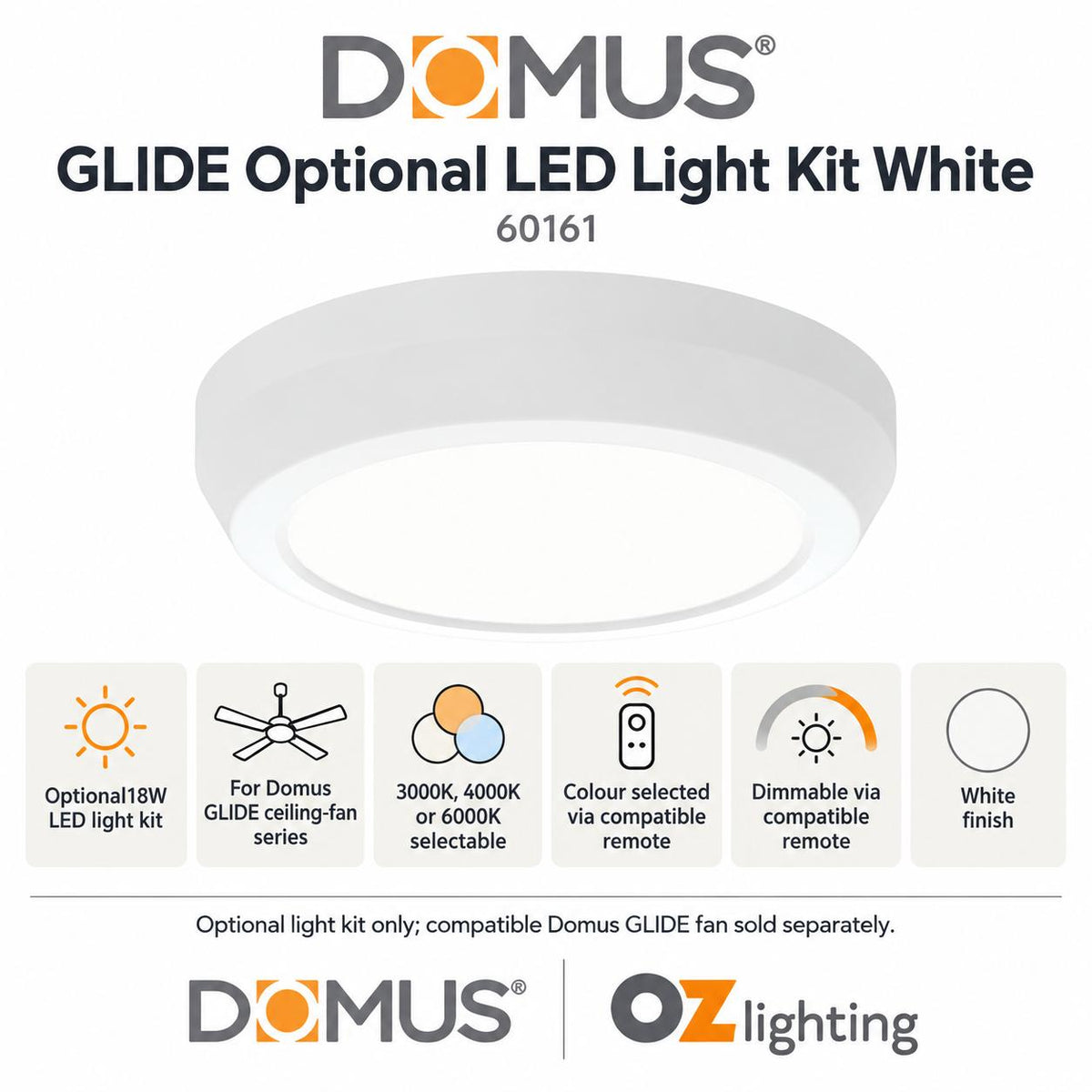 Domus GLIDE-LIGHT-KIT Optional LED Light Kit - 18W, Tri-Colour, to suit Glide Series Ceiling Fan-Domus Lighting-Ozlighting.com.au