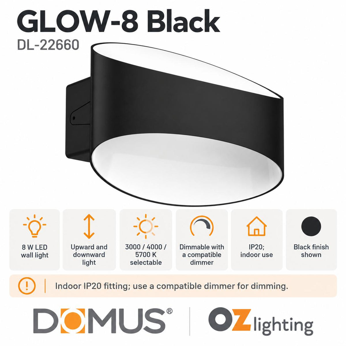 Domus GLOW-8 LED Up/Down Wall Light - 8W, Tri-Colour, Dimmable, IP20-Domus Lighting-Ozlighting.com.au