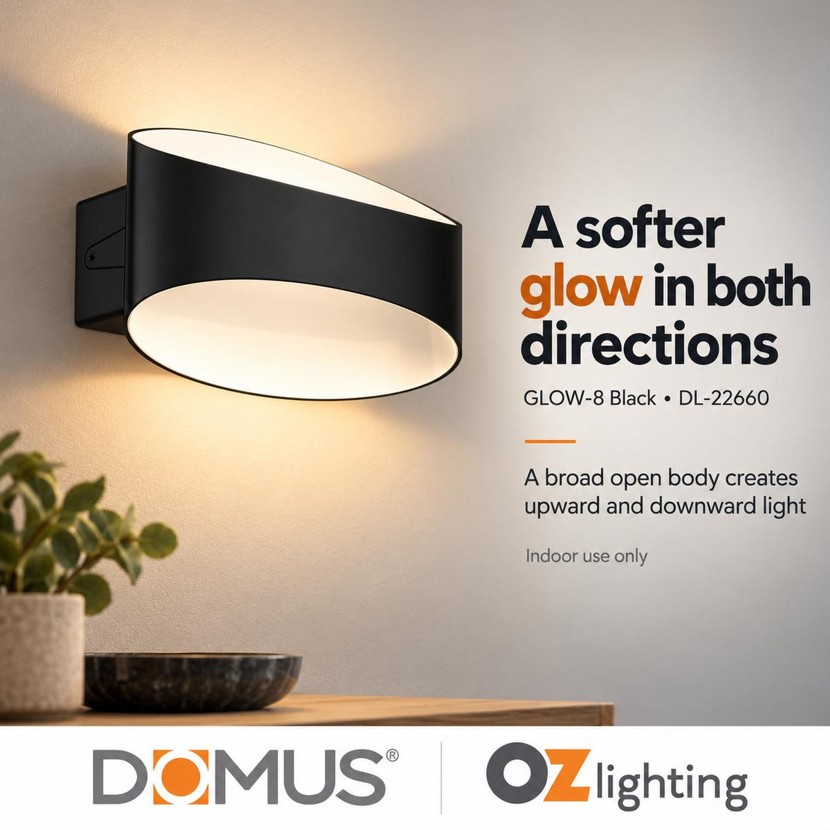 Domus GLOW-8 LED Up/Down Wall Light - 8W, Tri-Colour, Dimmable, IP20-Domus Lighting-Ozlighting.com.au