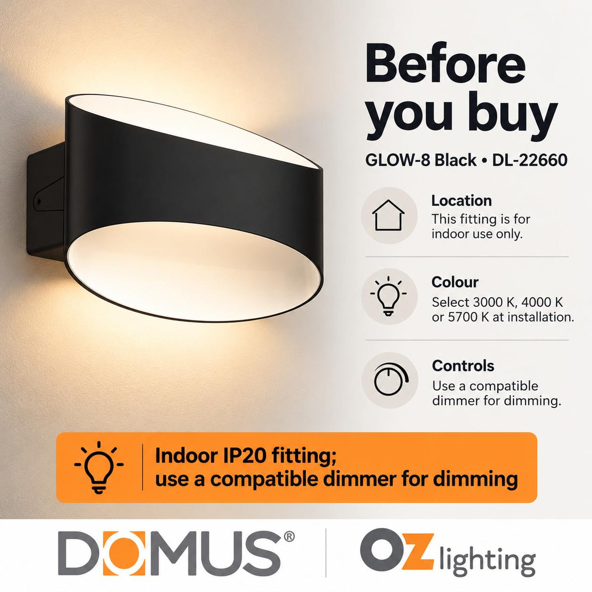 Domus GLOW-8 LED Up/Down Wall Light - 8W, Tri-Colour, Dimmable, IP20-Domus Lighting-Ozlighting.com.au