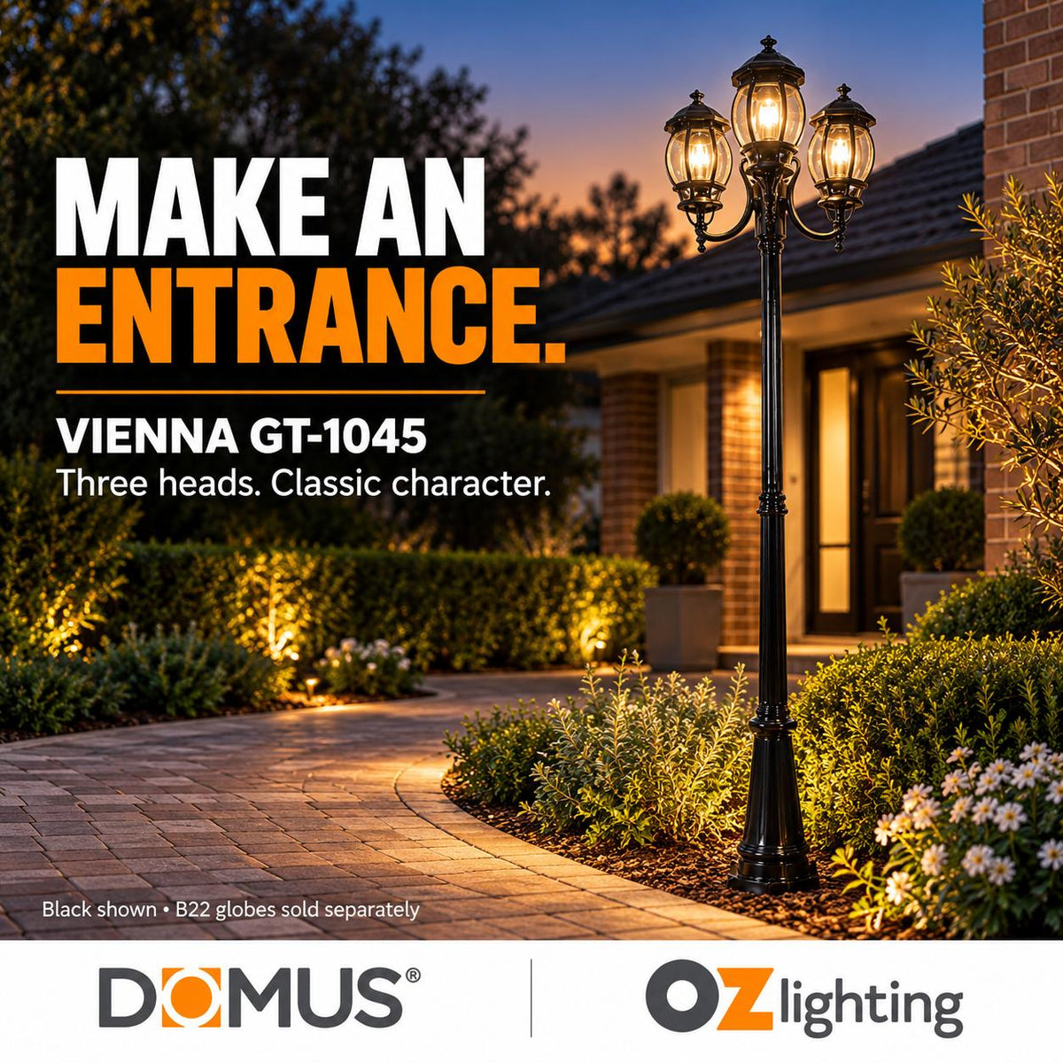 Domus GT-1045 Vienna Three Head Curved Arm Tall Post-Domus Lighting-Ozlighting.com.au