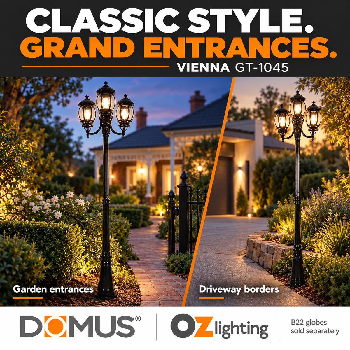 Domus GT-1045 Vienna Three Head Curved Arm Tall Post-Domus Lighting-Ozlighting.com.au