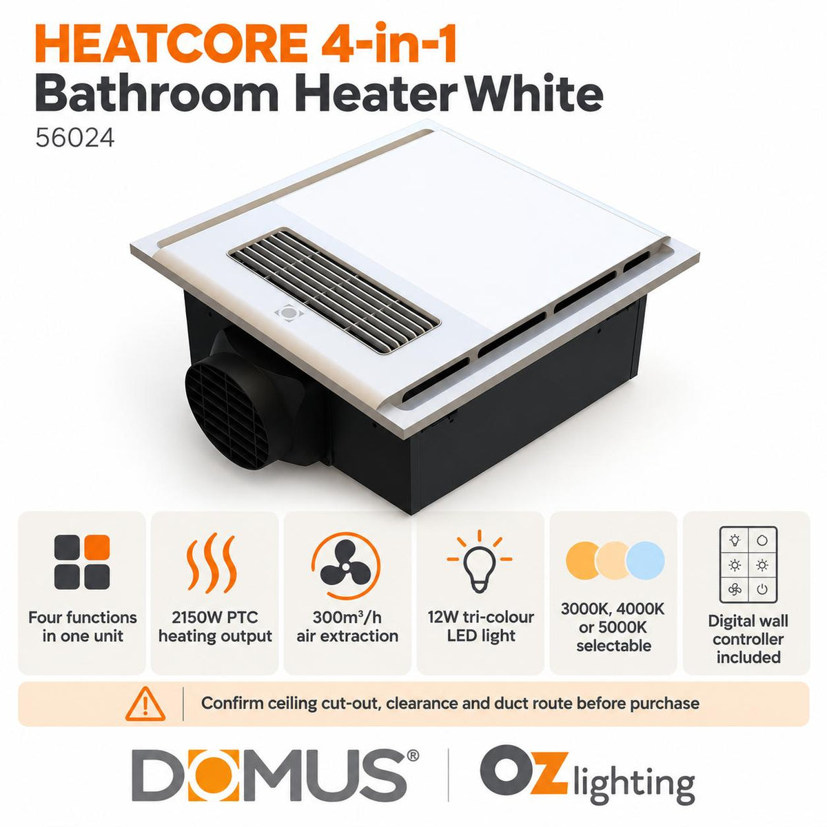 Domus HEATCORE 4-In-1 Retrofit PTC Bathroom Heater-Domus Lighting-Ozlighting.com.au