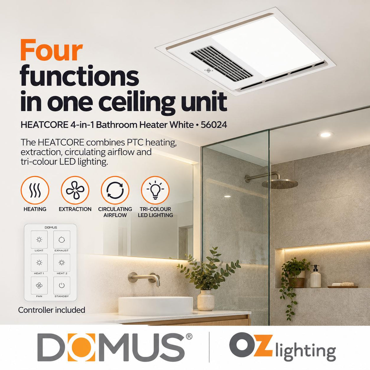 Domus HEATCORE 4-In-1 Retrofit PTC Bathroom Heater-Domus Lighting-Ozlighting.com.au