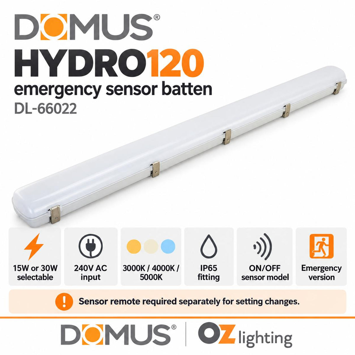 Domus HYDRO-120-EM LED Batten Light - 15W/30W, 1200mm, Tri-Colour, IP65, Weatherproof, Optional Sensor, Emergency-Domus Lighting-Ozlighting.com.au