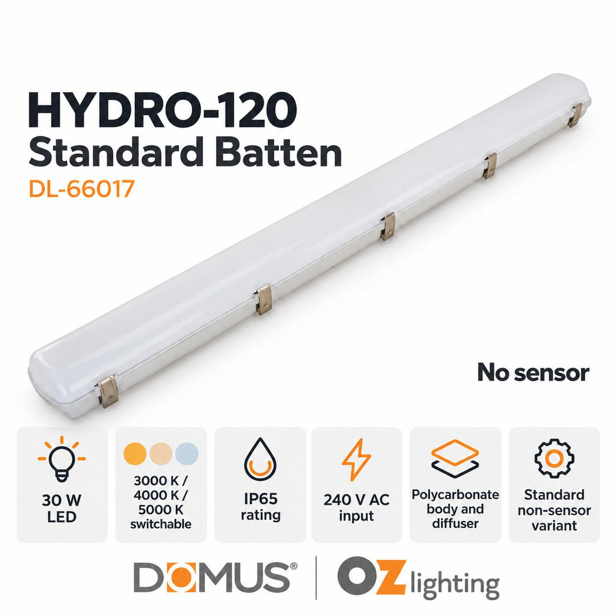 Domus HYDRO-120 LED Batten Light - 15W/30W, 1200mm, Tri-Colour, IP65, Weatherproof, Optional Sensor-Domus Lighting-Ozlighting.com.au