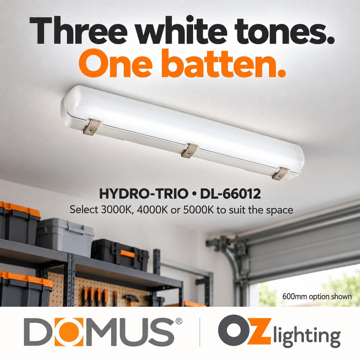 Domus HYDRO-TRIO LED Batten Light - 20W/40W, 600mm, 1200mm, Tri-Colour, IP65, Weatherproof-Domus Lighting-Ozlighting.com.au