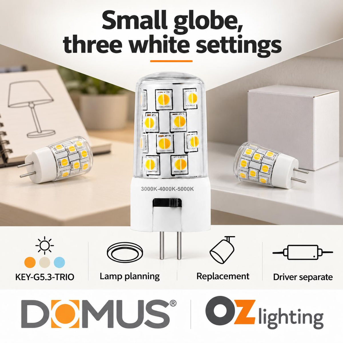 Domus KEY-G5.3-TRIO LED Globe - 4W, 12V DC, G5.3, Tri-Colour, Dimmable - DRIVER REQUIRED-Domus Lighting-Ozlighting.com.au