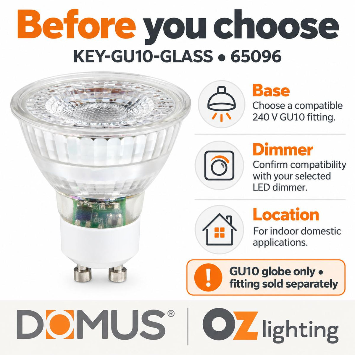 Domus KEY-GU10-GLASS LED Globe - 6W, GU10, Dimmable, Glass-Domus Lighting-Ozlighting.com.au