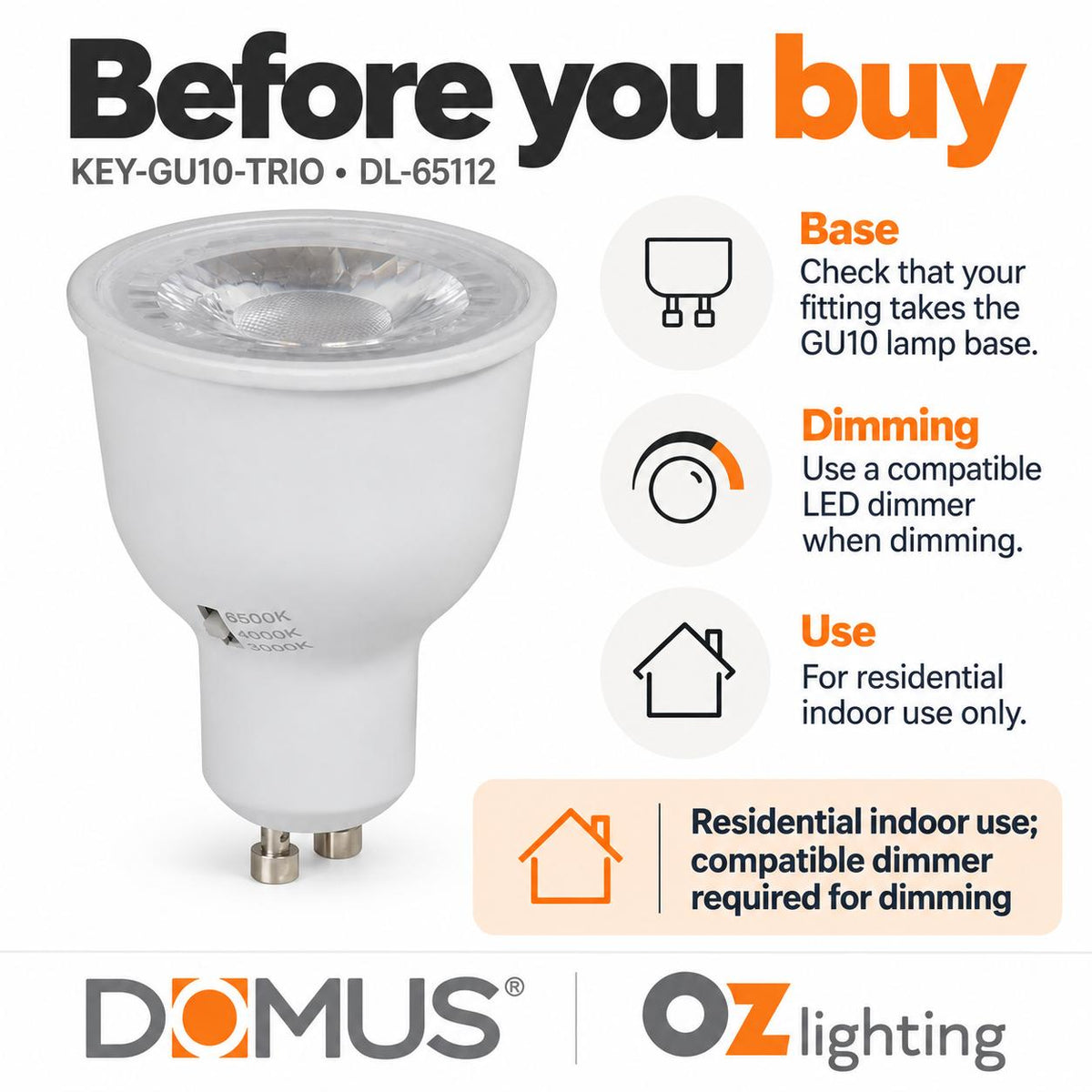 Domus KEY-GU10-TRIO LED Globe - 6W, GU10, Tri-Colour, Dimmable-Domus Lighting-Ozlighting.com.au
