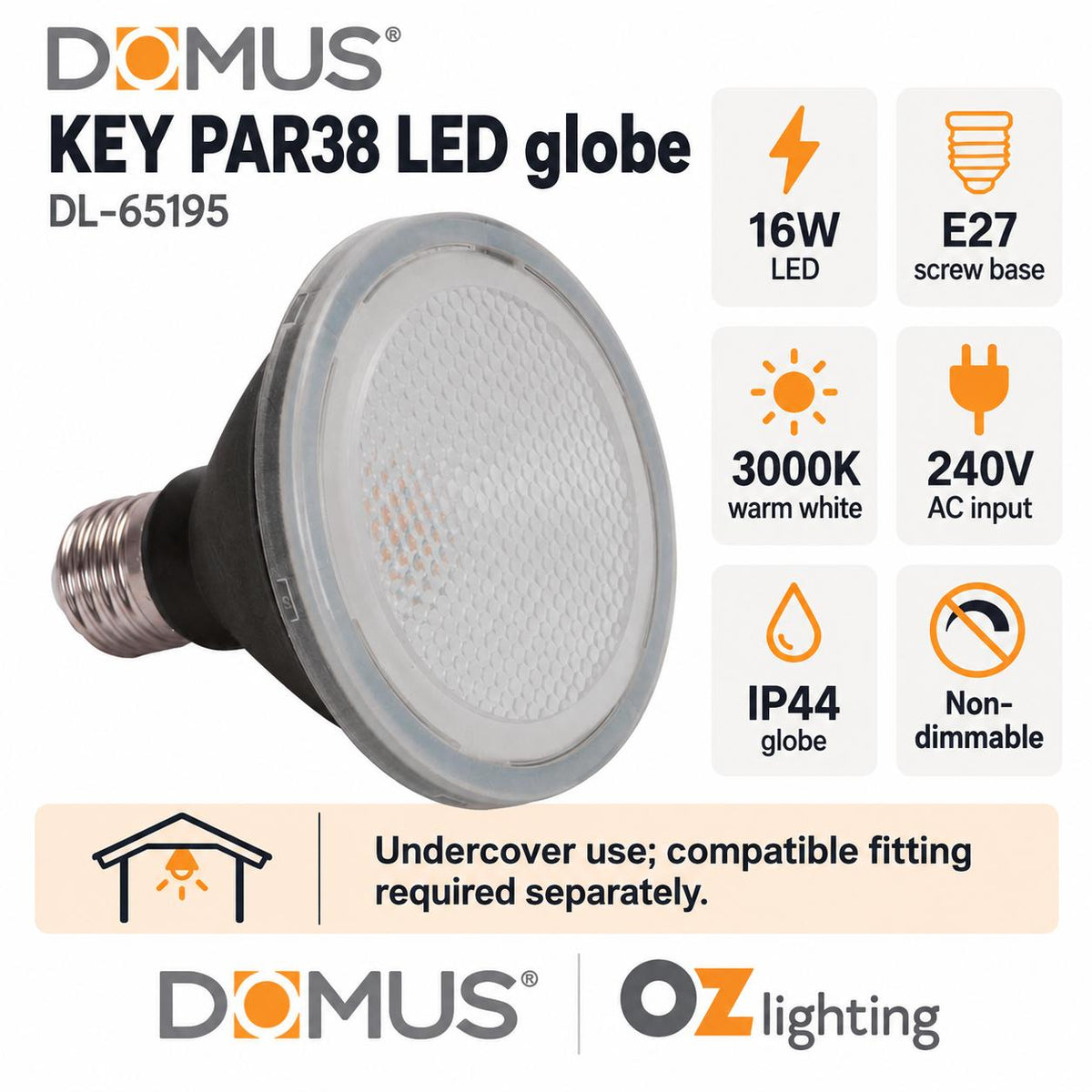 Domus KEY-PAR38 Reflector - 16W, E27, PAR38, IP44-Domus Lighting-Ozlighting.com.au