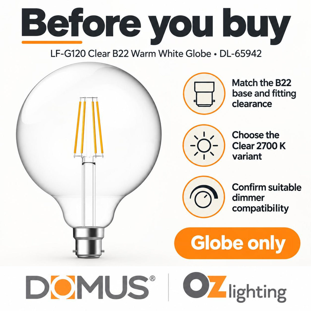 Domus LF-G120 LED Globe - 7.8W, B22/E27, Filament, Dimmable, Spherical, Glass-Domus Lighting-Ozlighting.com.au