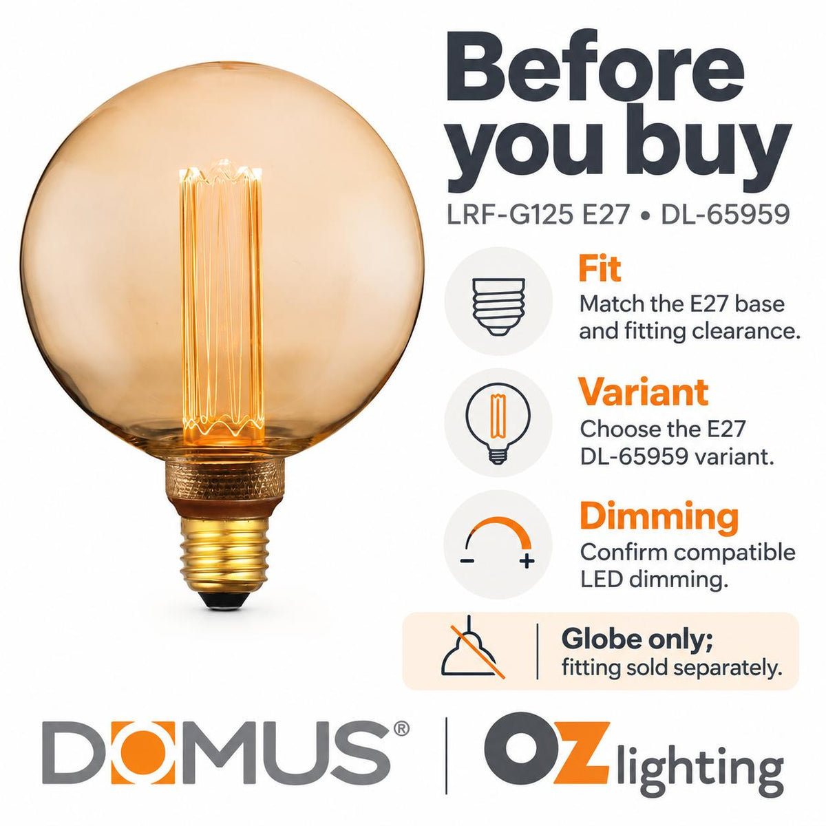 Domus LRF-G125 LED Globe - 3.5W, B22/E27, 1800K, G125, Filament, Dimmable, Spherical-Domus Lighting-Ozlighting.com.au