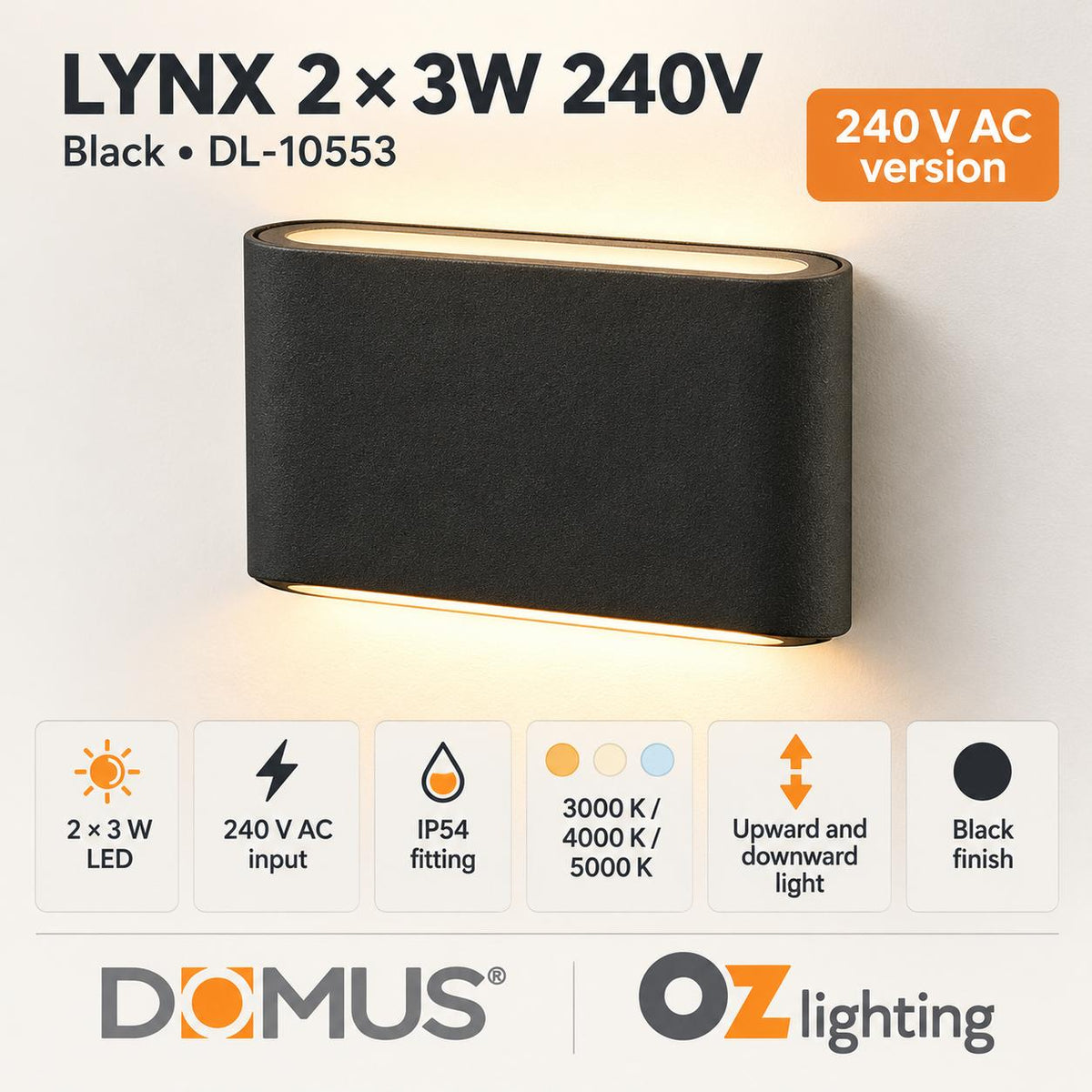 Domus LYNX LED Up/Down Wall Light - 2 x 3W, 240V-Domus Lighting-Ozlighting.com.au