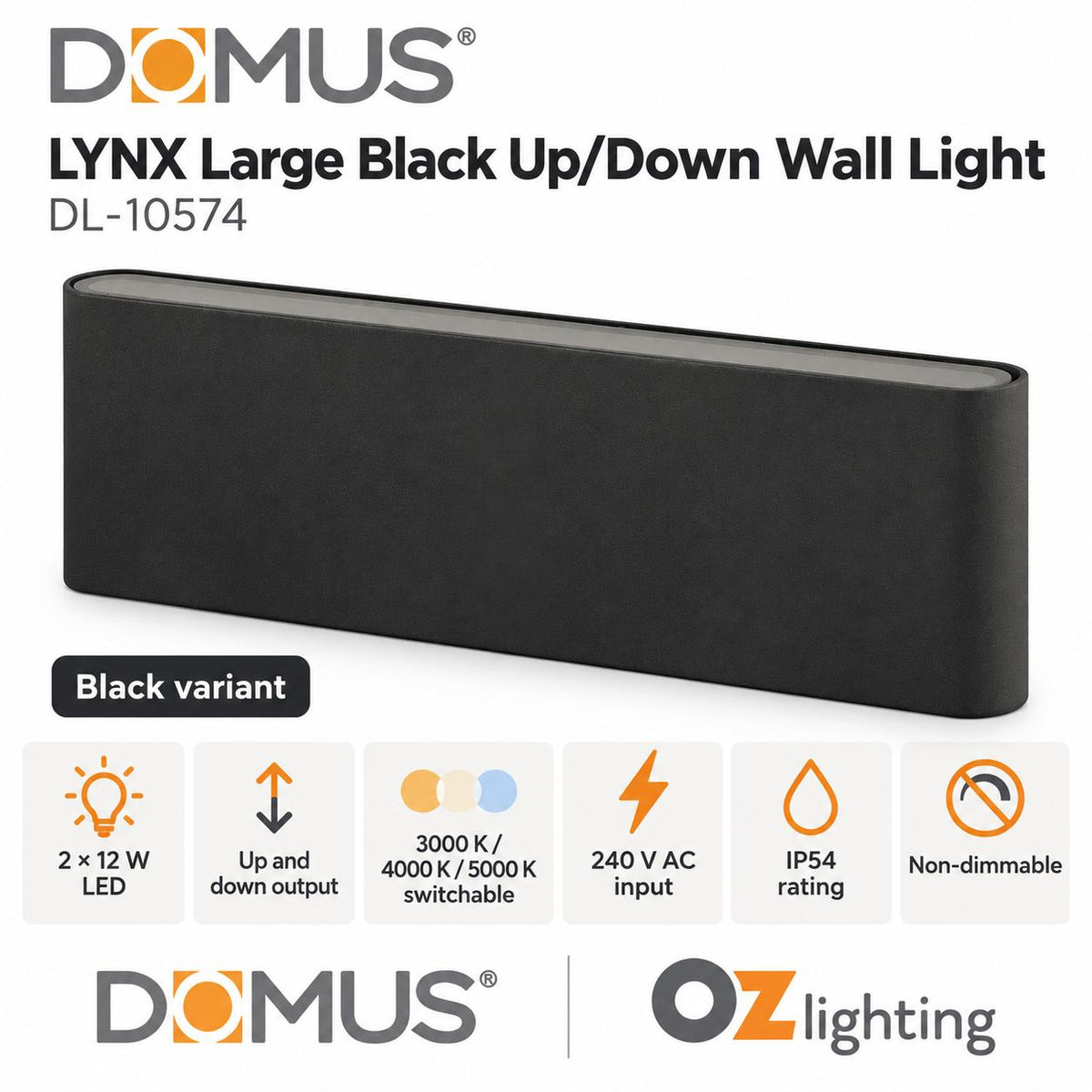 Domus LYNX LED Up/Down Wall Light - 2x12W, 240V-Domus Lighting-Ozlighting.com.au