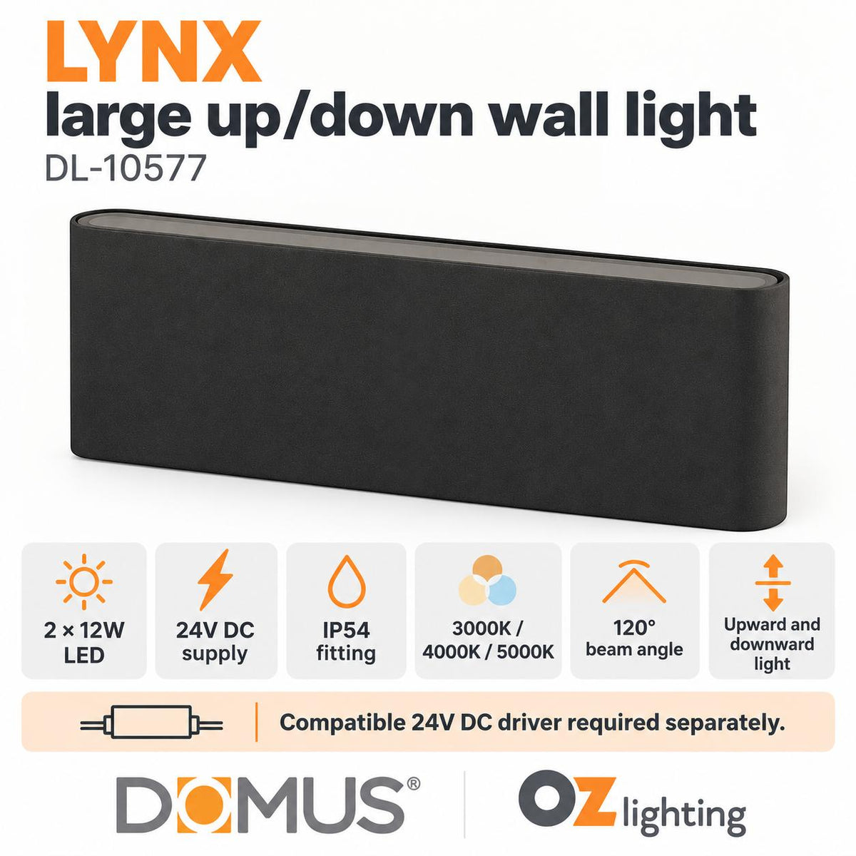 Domus LYNX LED Up/Down Wall Light - 2x12W, 24V - DRIVER REQUIRED-Domus Lighting-Ozlighting.com.au