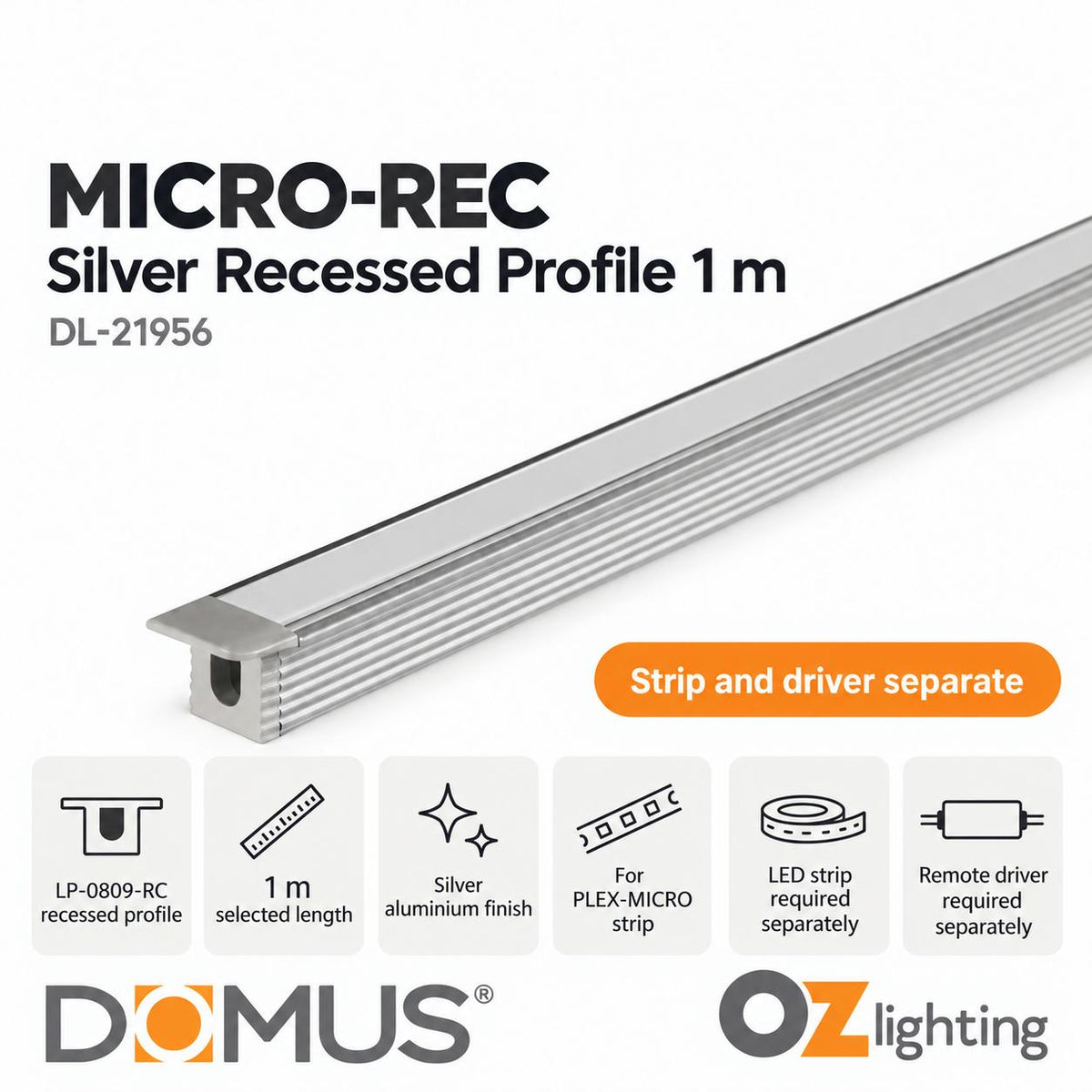 Domus MICRO-REC Mounting Profile - LP-0809-RC Recessed 1m Length-Domus Lighting-Ozlighting.com.au