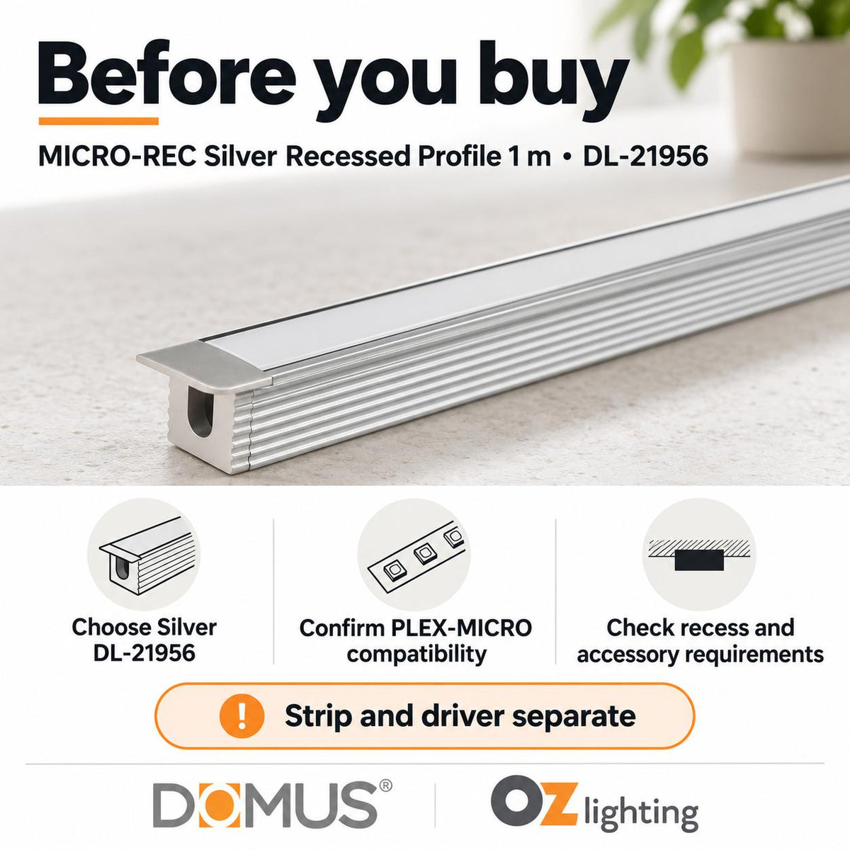 Domus MICRO-REC Mounting Profile - LP-0809-RC Recessed 1m Length-Domus Lighting-Ozlighting.com.au