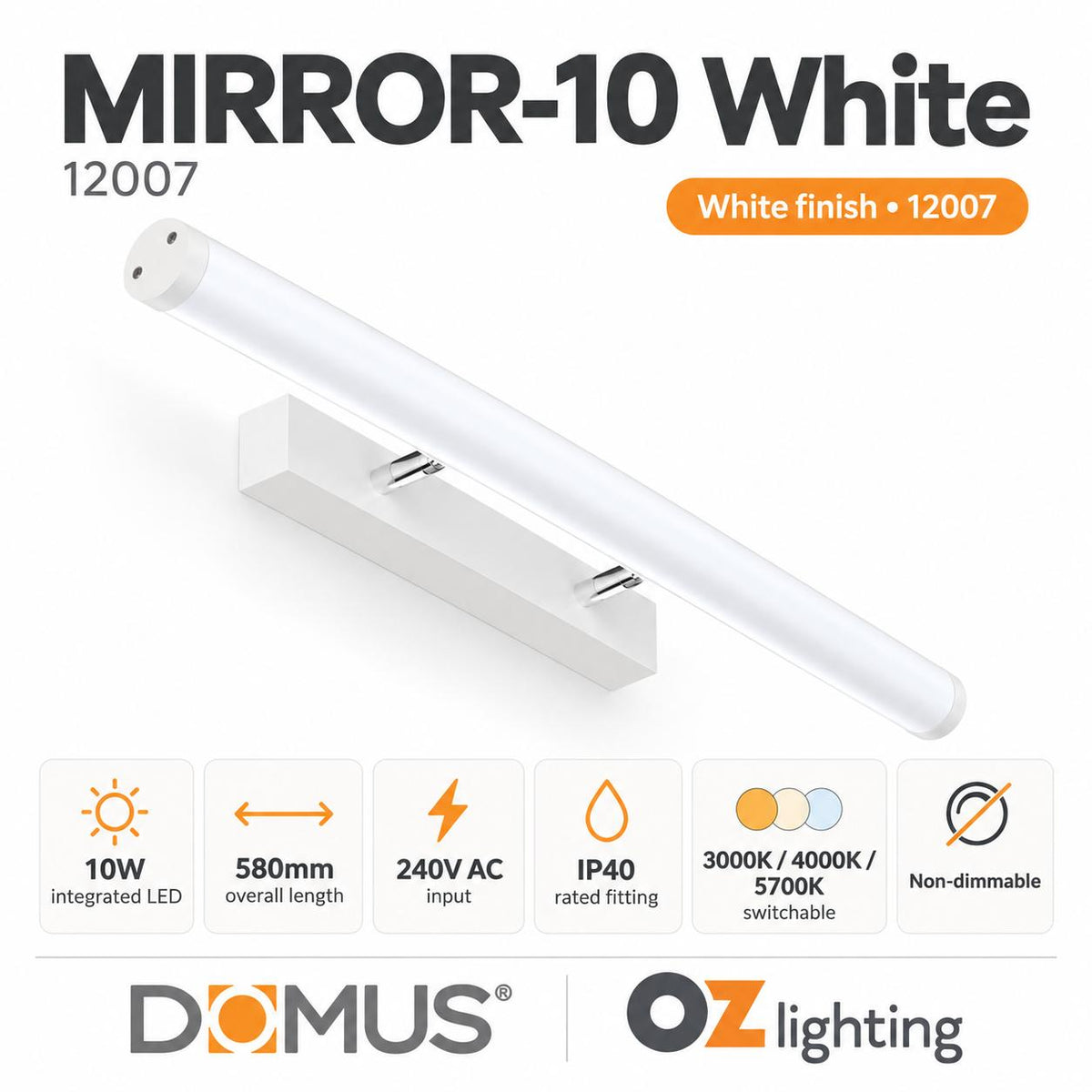 Domus MIRROR-10 LED Wall Vanity or Picture Light - 10W, Tri-Colour, 580mm-Domus Lighting-Ozlighting.com.au